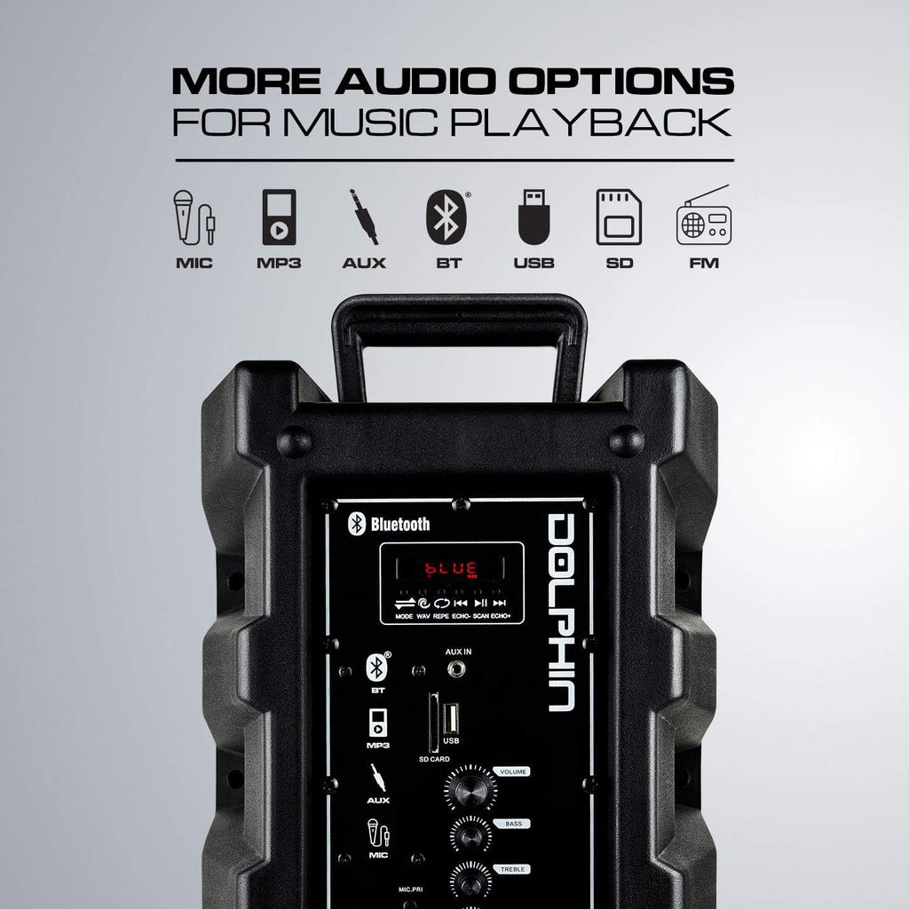 Dolphin SP-850RBT 8-in Portable Bluetooth Party Speaker with Mic, Lights, FM Radio, USB, Rechargeable Battery