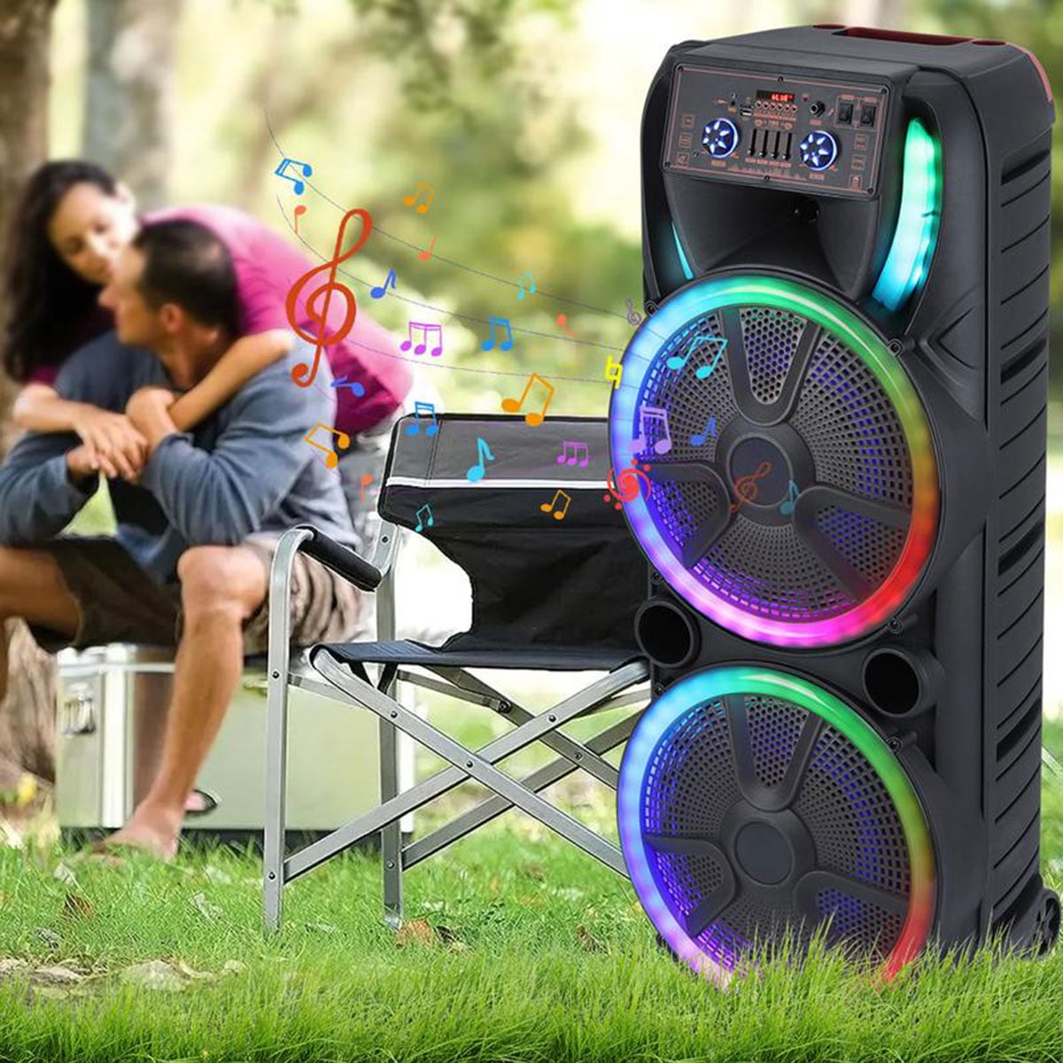 Lohoms Dual 15 inch Karaoke Speaker Party Speaker System W/ 2 Microphone Portable Party Box Loud Big Speaker Wireless Bluetooth Stereo Rechargeable Remote Control LED Lighting