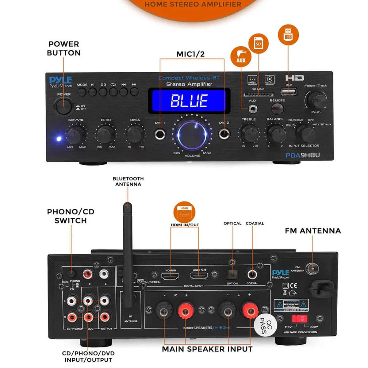 Pyle PDA9HBU 2-Channel Home Theater Bluetooth HiFI Audio Optical/HDMI/USB/SD FM Radio Receiver, 2x 4" 30 Watt 3-Way Water-Resistant Indoor/Outdoor Audio Speakers (White), 50 ft 16 Gauge Speaker Wire