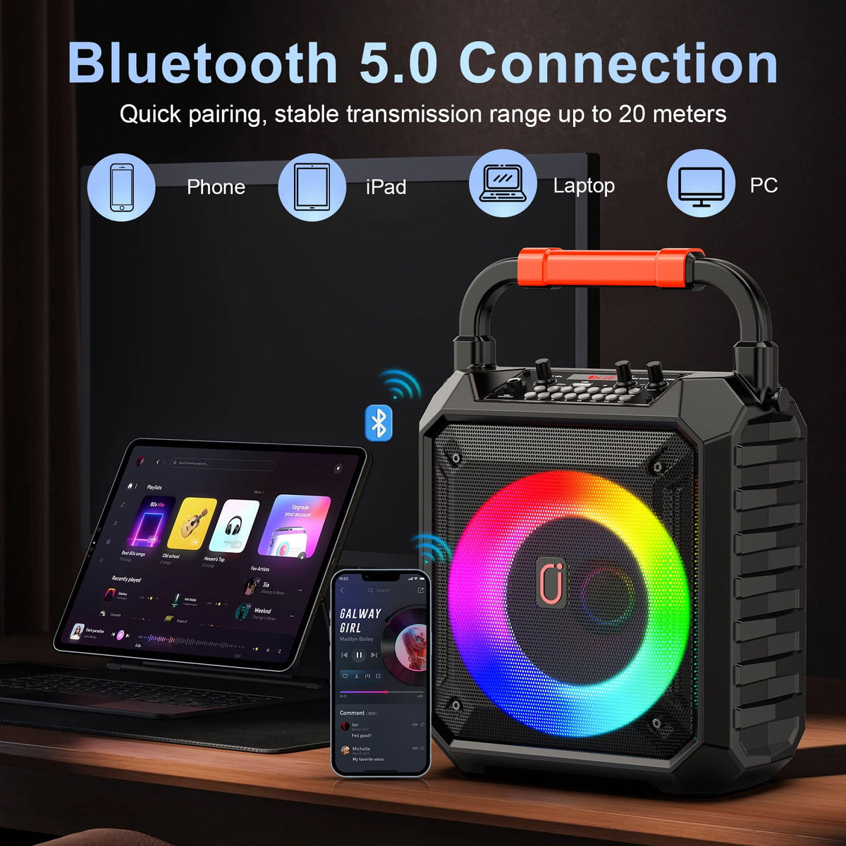 FanFun Bluetooth Speaker with Microphones, Portable Speaker With AUX Input, 20W Stereo Sound Party Speaker with Lights, Outdoor Powerful Speakers, 12H Playing Time, T17-T