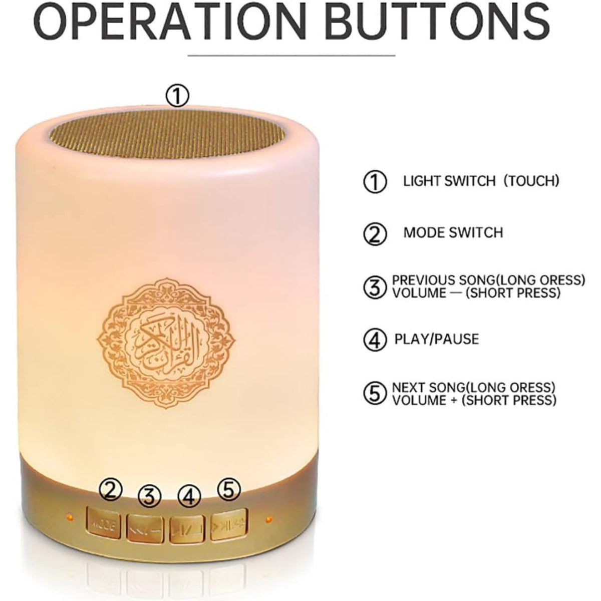 Speaker Cube with Touch Lamp, Wireless, APP & Remote Control, Full Quran Recitations & Translations, USB Powered, Tabletop Design