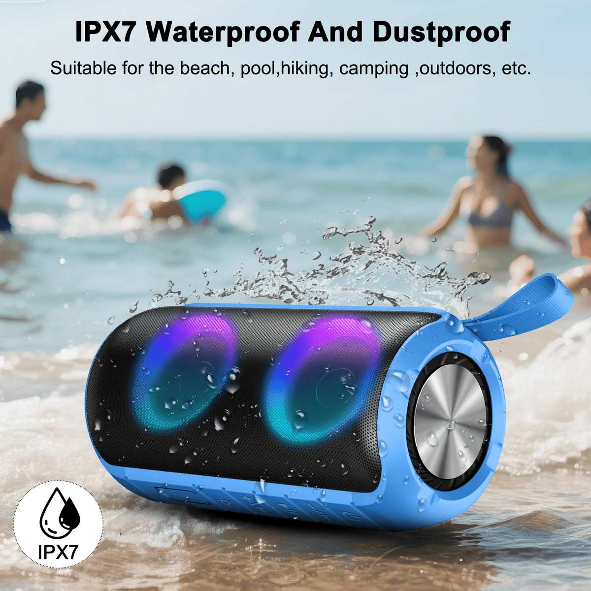 Portable Bluetooth Speaker, Bluetooth 5.3 Speaker Wireless, IPX7 Waterproof Outdoor Speaker, 24W Powerful Loud Stereo Sound, 12H Playtime, 7 Colorful Rgb Lights for Outdoor/Home/Party, Gift Ideas