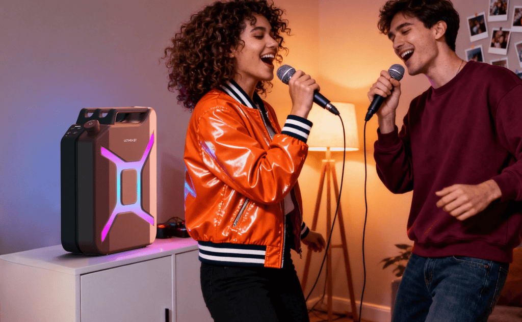 ULTIMEA Go Portable Party Speaker, 300W Wireless PartyBox with Bass Boost, RGB Light, TWS Stereo, Auracast Mode, Mic/Guitar Input, APP Control, Large Bluetooth Speaker for Party Outdoor (Black+Red)