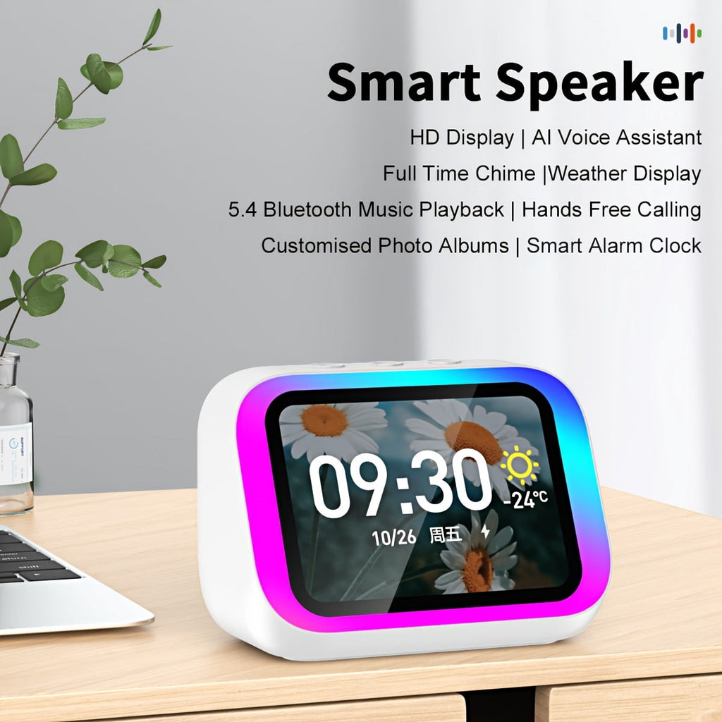 Smart Alarm Clock with Wireless Speaker, AI Voice Assistant, HD Display, RGB Light, Call Function, Stereo Sound, Period Tracker, 2000mAh Battery, Portable Bedside Digital Clock