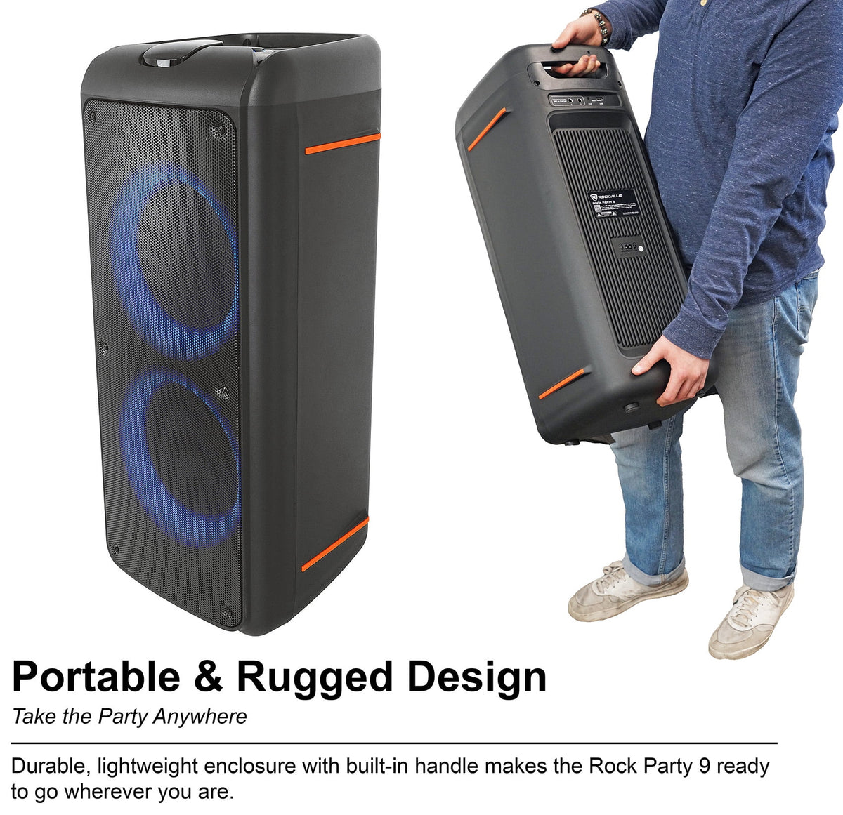 Rockville Rock Party 9 Dual 8" Portable Bluetooth Speaker, 1000W, LED, Karaoke