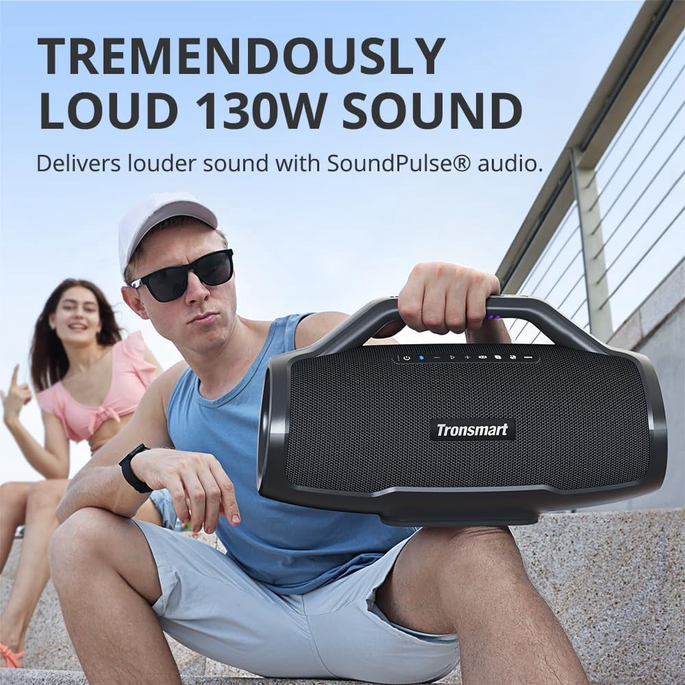 Tronsmart Bang Max 130W Bluetooth Party Speaker, IPX6 Waterproof, 24-Hour Battery, Custom EQ & Light Show, Bass boost, Sync 100+ Units Outdoor Portable Wireless Speaker for DJ & Poolside
