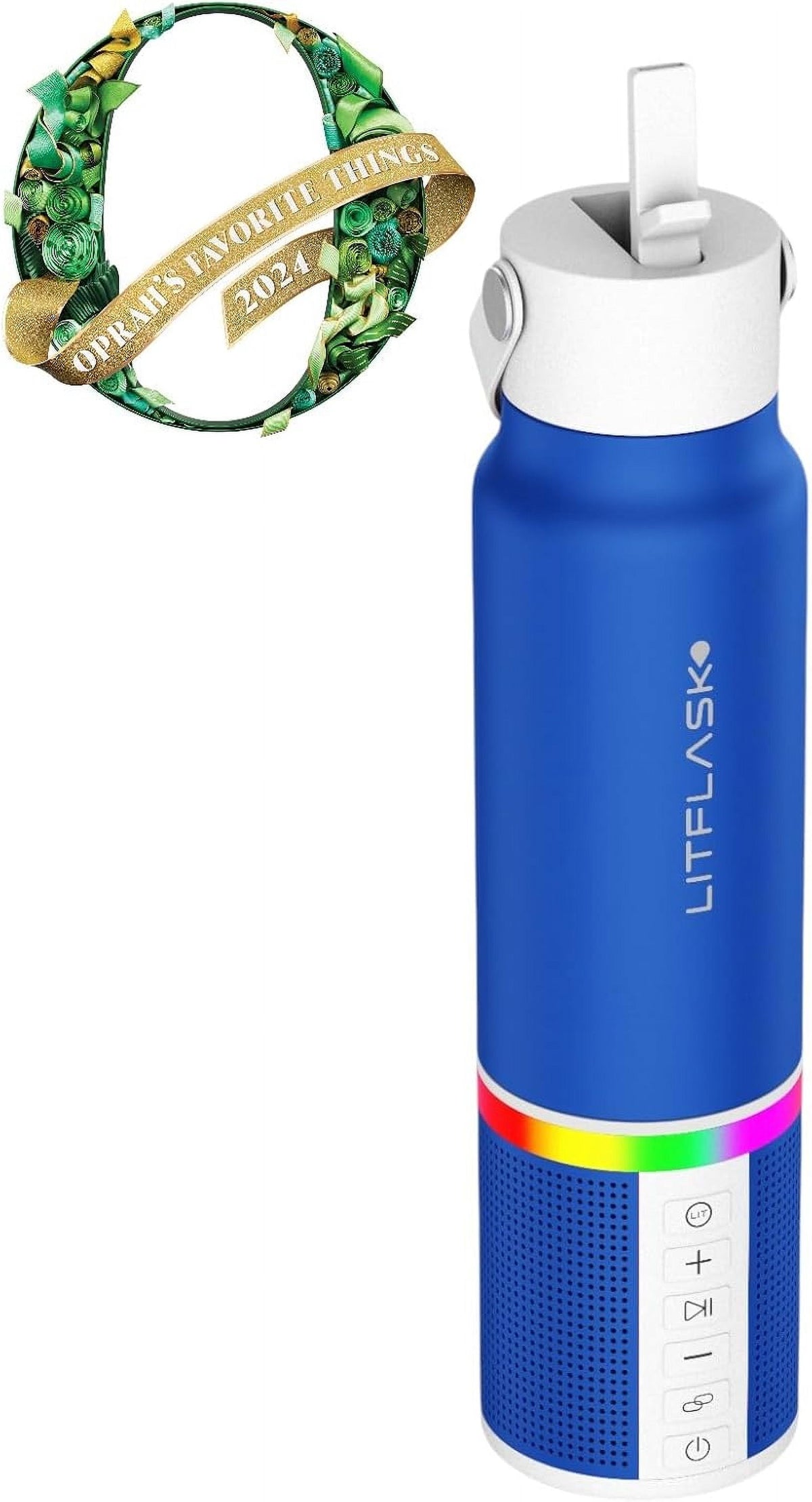 LITFLASK Smart Water Bottle with Premium Bluetooth Speaker, White, Portable Charger, LED Light, Stainless Steel, Mix & Match Colors, 20oz - Oprah's Favorite Things 2024