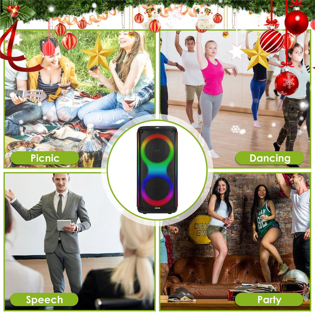 Moclever Portable Wireless Party Speaker with TWS Function FM Radio USB MMC Card Reading Aux In Recording Function Mic Priority, 7 Colorful Lights, Remote Control, Black