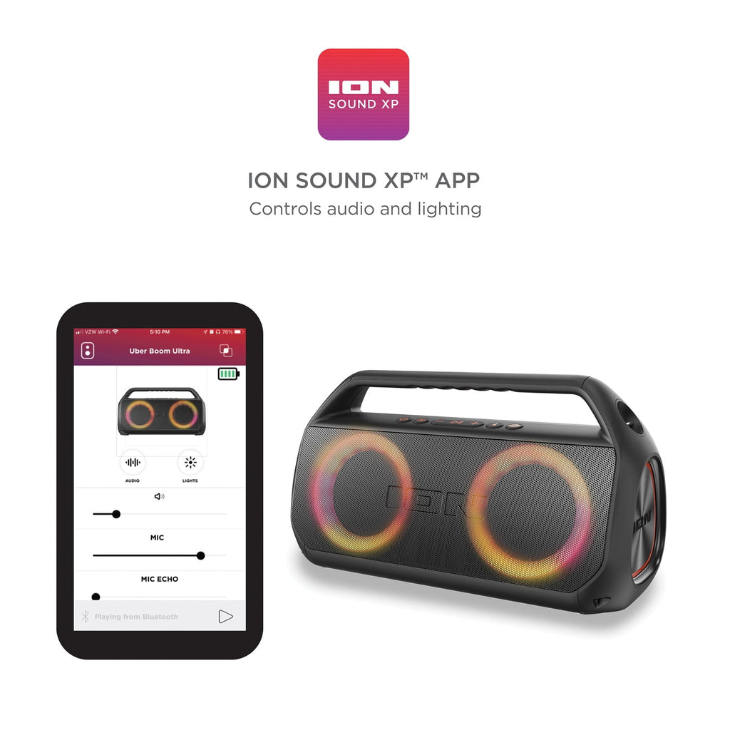 ION Uber Boom Ultra Portable Bluetooth Boom Box with Speakerphone, Lights, and Stereo-Link