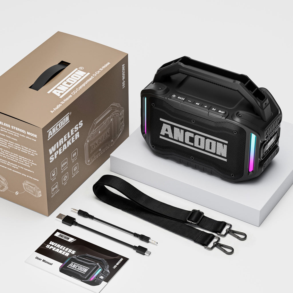 ANCOON Speakers Bluetooth Wireless: 80W(Peak) Loud Speaker with Bass, 20H Playtime, IPX6 Waterproof, Large Jobsite Speakers for Work, Outdoor, Workshop, Garage, Portable Speaker with TWS (Black)