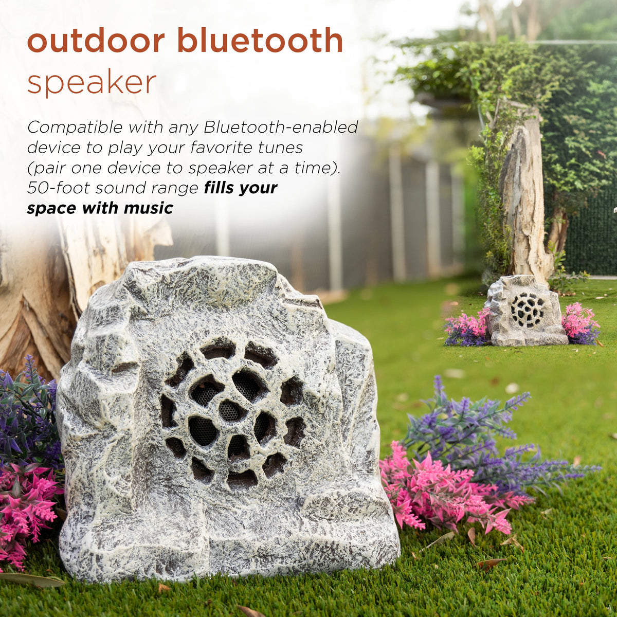 Alpine Corporation Waterproof Bluetooth Solar-Powered Outdoor Wireless Rock Speakers, Set of 2