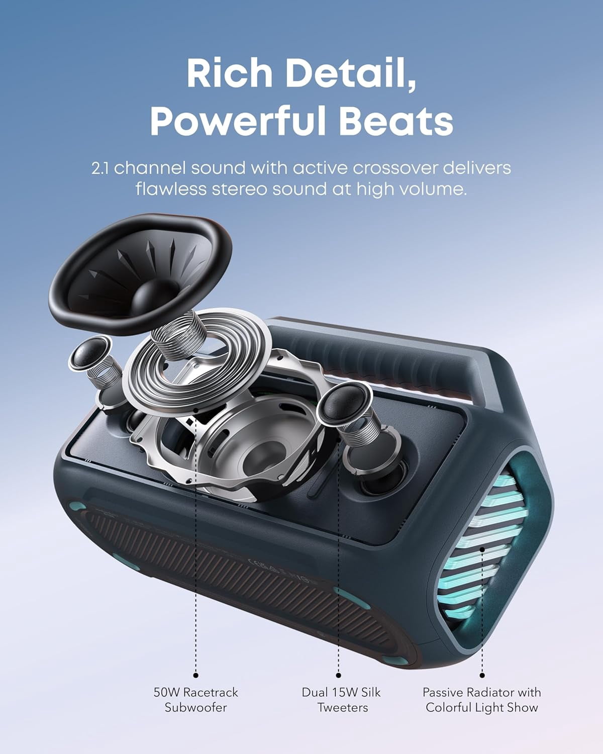 Soundcore Boom 2 By Anker, Outdoor Speaker, 80W, Subwoofer, 24H Playtime, IPX7 Waterproof, Floatable, RGB Lights, Blue