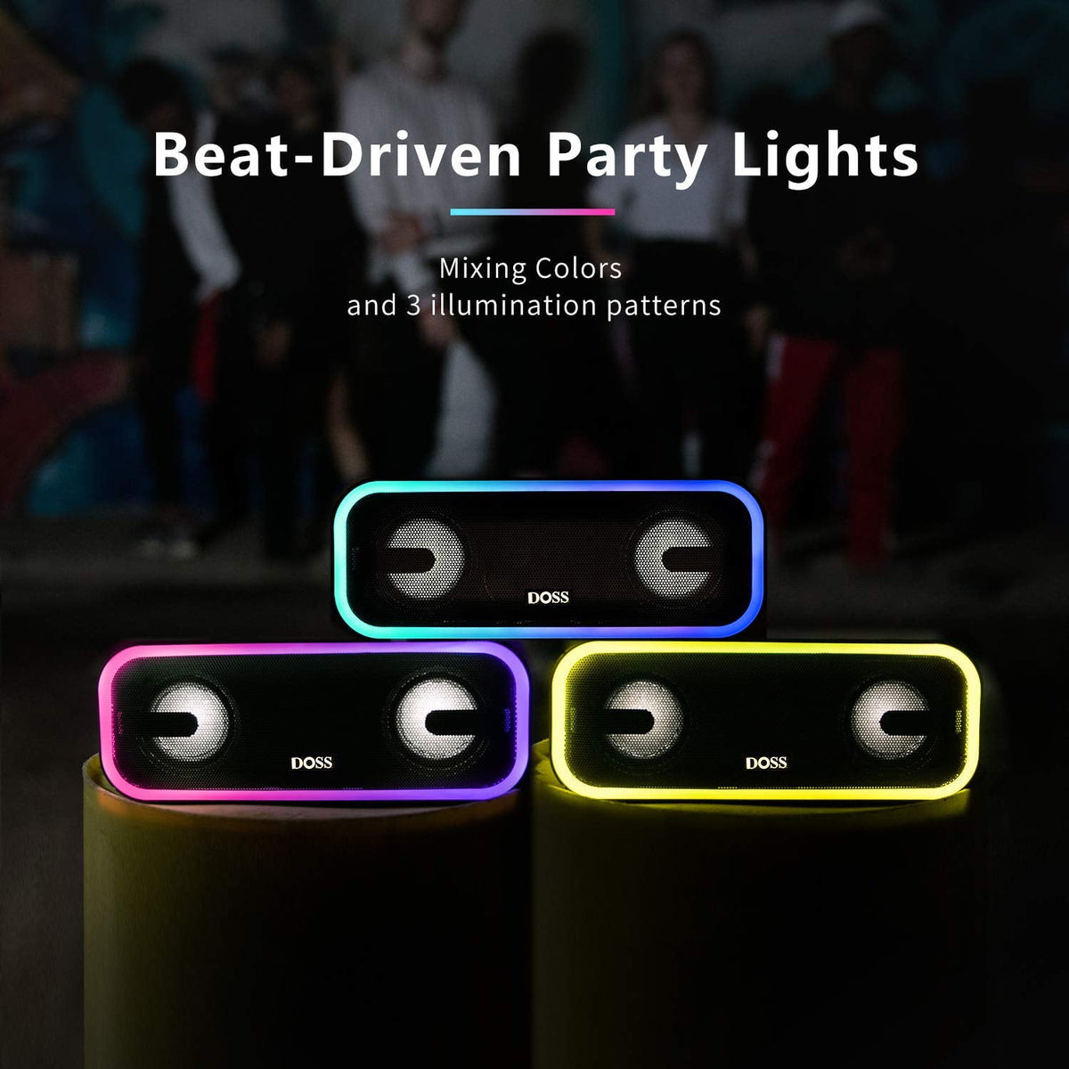 DOSS Wireless Bluetooth Speaker with 24W Impressive Sound, Booming Bass, IPX6 Waterproof, 15Hrs Playtime, Wireless Stereo Pairing, Mixed Colors Lights, 66 FT -Black