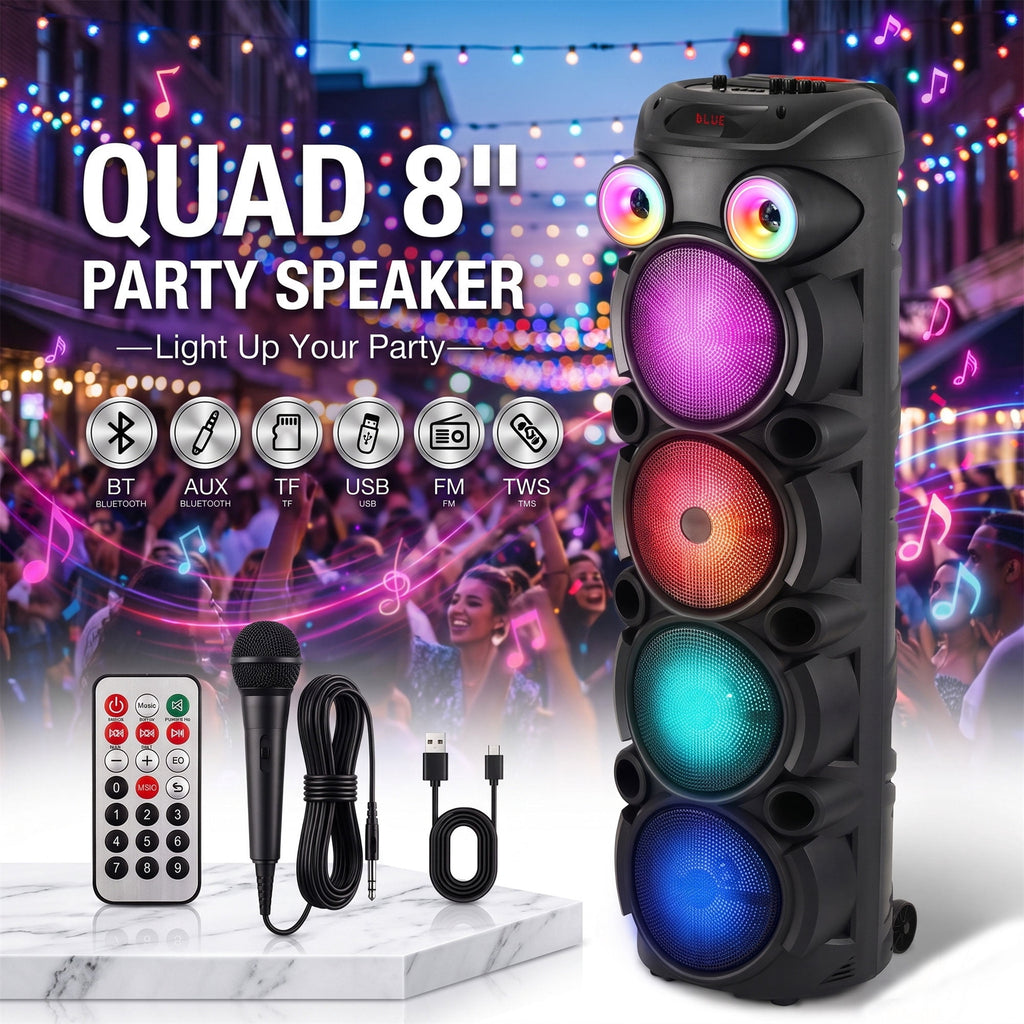 Lohoms Triple 8" Bluetooth Party Speaker, Portable Karaoke Machine & Outdoor PA Sound System with Powerful Stereo Sound, LED Lights, Wireless Mic, TWS Pairing, FM, USB, TF & AUX