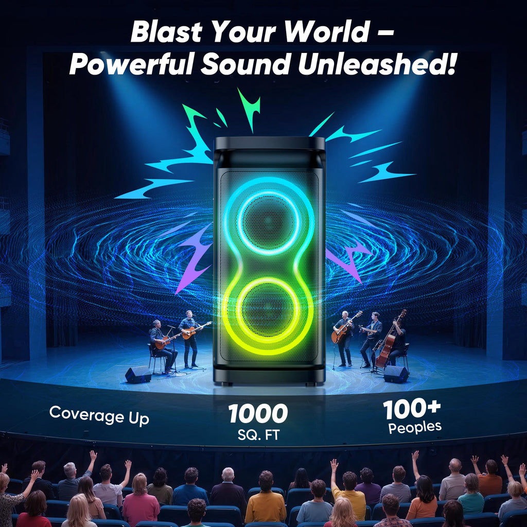 GCZ Party Bluetooth Speaker, 120W Loud Sound with Deep Bass for Outdoor Backyard Party, TWS Party Lights and Karaoke Effects, Microphone and Guitar Input
