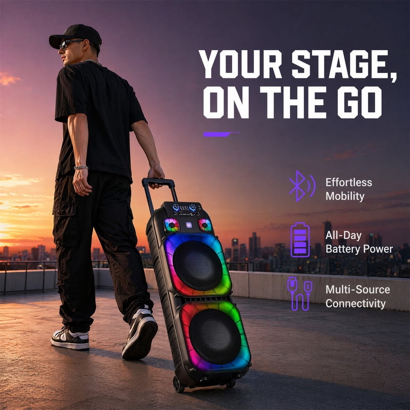 RIDWIND 4000W Peak Power Bluetooth Speakers Portable Wireless Speaker with Double 6.5 inch Subwoofer Heavy Bass,FM Radio, Microphone, Lights, Remote Control TWS Stereo Sound System Speaker