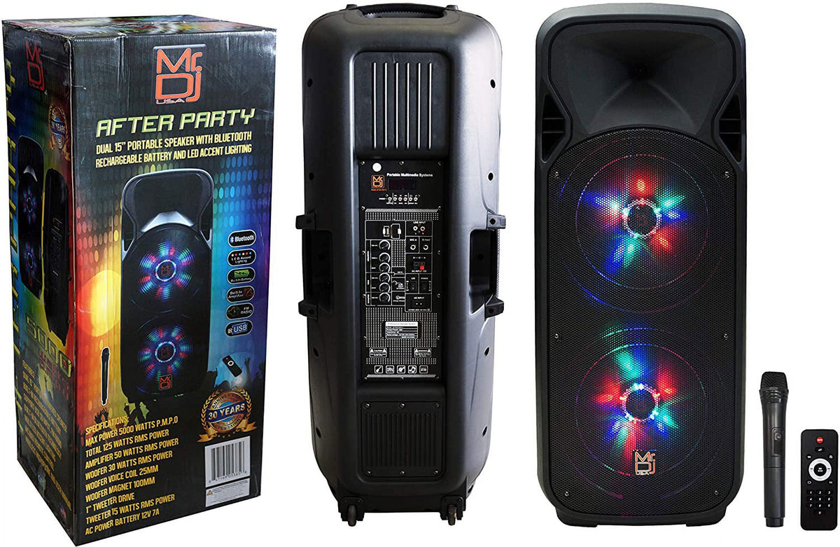 MR DJ AFTERPARTY Dual 15" Bluetooth SpeakerDual 15" Battery Powered Bluetooth Speaker, UHF Wireless Microphone Party Speaker