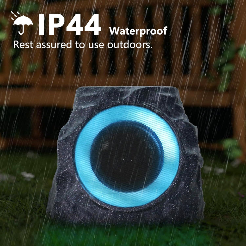 Postlucky 2 Pack Outdoor Solar Rock Speakers, Bluetooth, TWS Pairing, RGB LED Flashing, USB Charging, Waterproof, 7.3" Gray