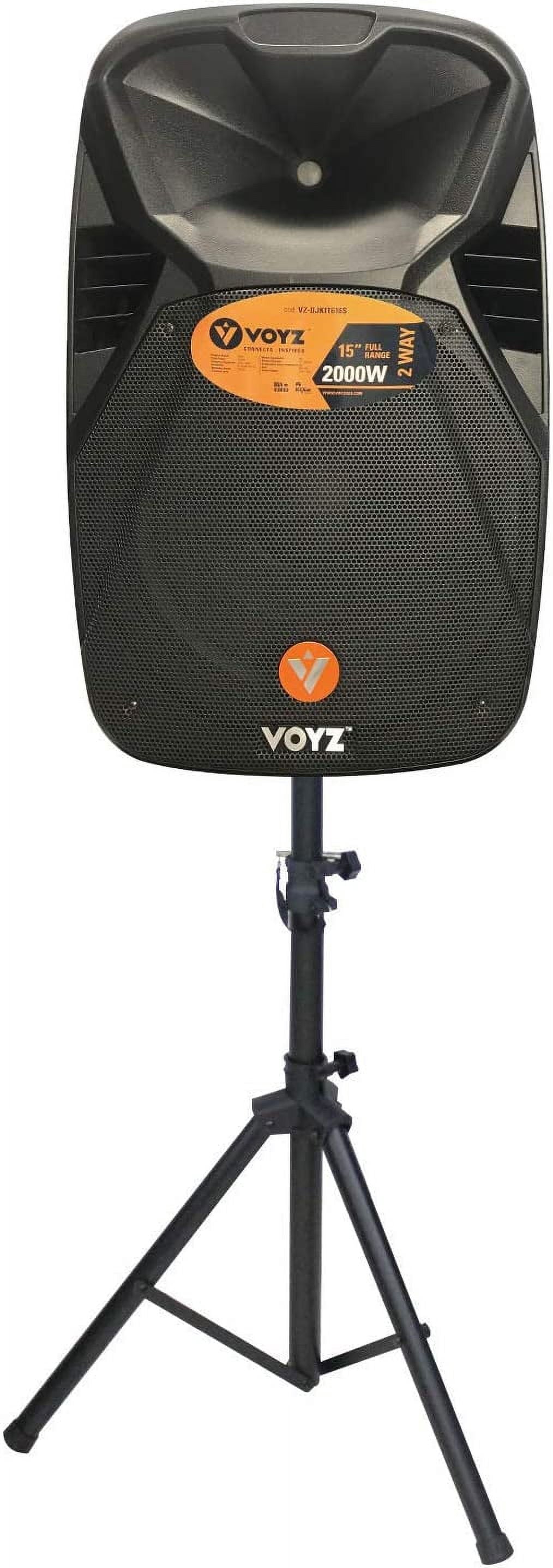 VOYZ 2000 Watt Bluetooth Portable Speaker for Parties - Two Way 15" Loudspeaker - FM Radio, USB, SD, and MP3 Player - PA with Tripod Stand and Wireless Microphone - Perfect for Karaoke (VZ-DJKIT616S)