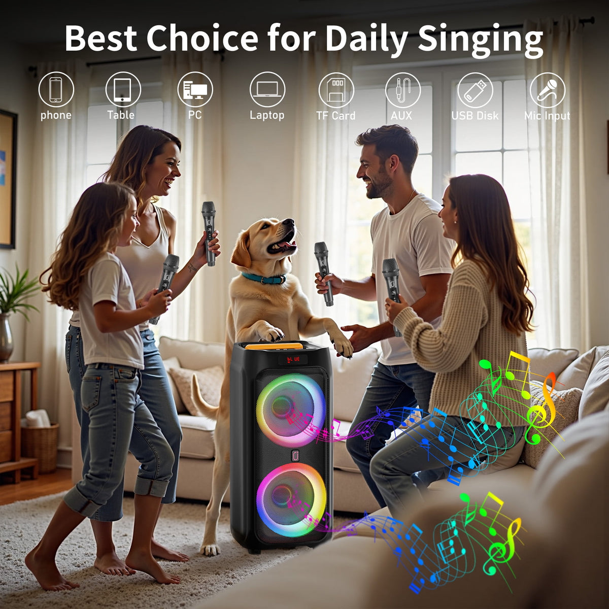 FanFun Portable Bluetooth Speaker with Microphones, Party Speaker with Lights, Remote Control, Powerful Loudspeaker, AUX Input, FM, REC