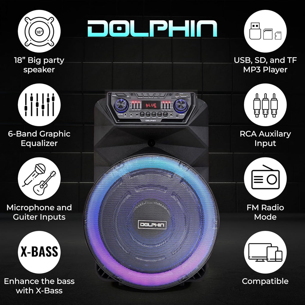 Dolphin SP-18RBT 18” Rechargeable Bluetooth Party Speaker – Deep Bass, High Power Sound, Wireless Microphones, USB/SD, AUX & Guitar Inputs, Extended Battery Life, 12V Input