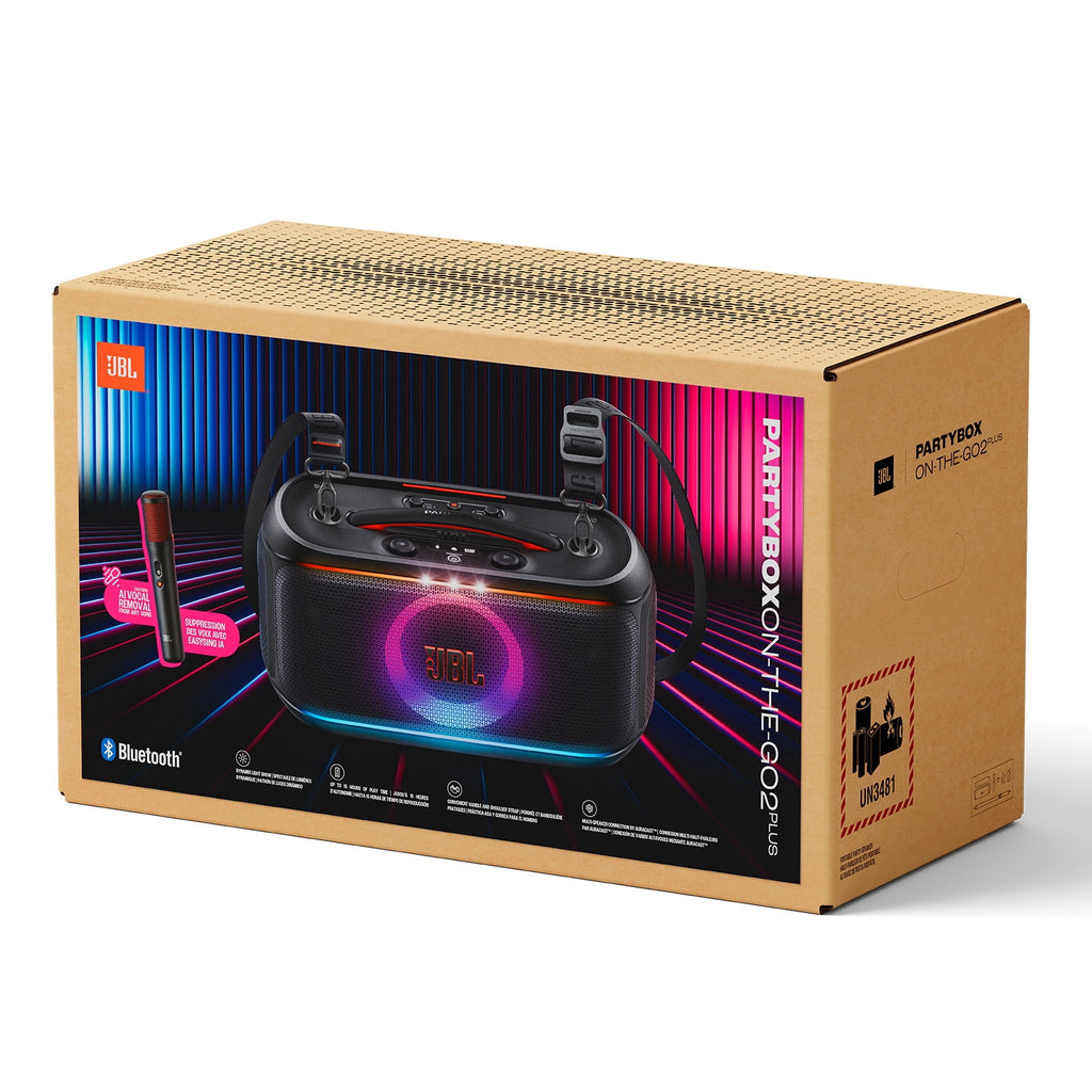 JBL PartyBox On-The-Go 2 - Portable party speaker with one wireless digital mic, handle and a shoulder strap, Dynamic lightshow, Up to 15 hours playtime, Splash proof & Auracast™ (Black)