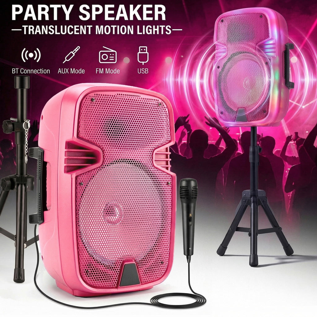 Portable BT Wireless Party Speaker with Translucent Light & Stand - Choose 8" (5 Colors) or 12", Includes Wired Mic, Remote, TWS, BT ConnectionUSB/TF/FM for Karaoke & Outdoor