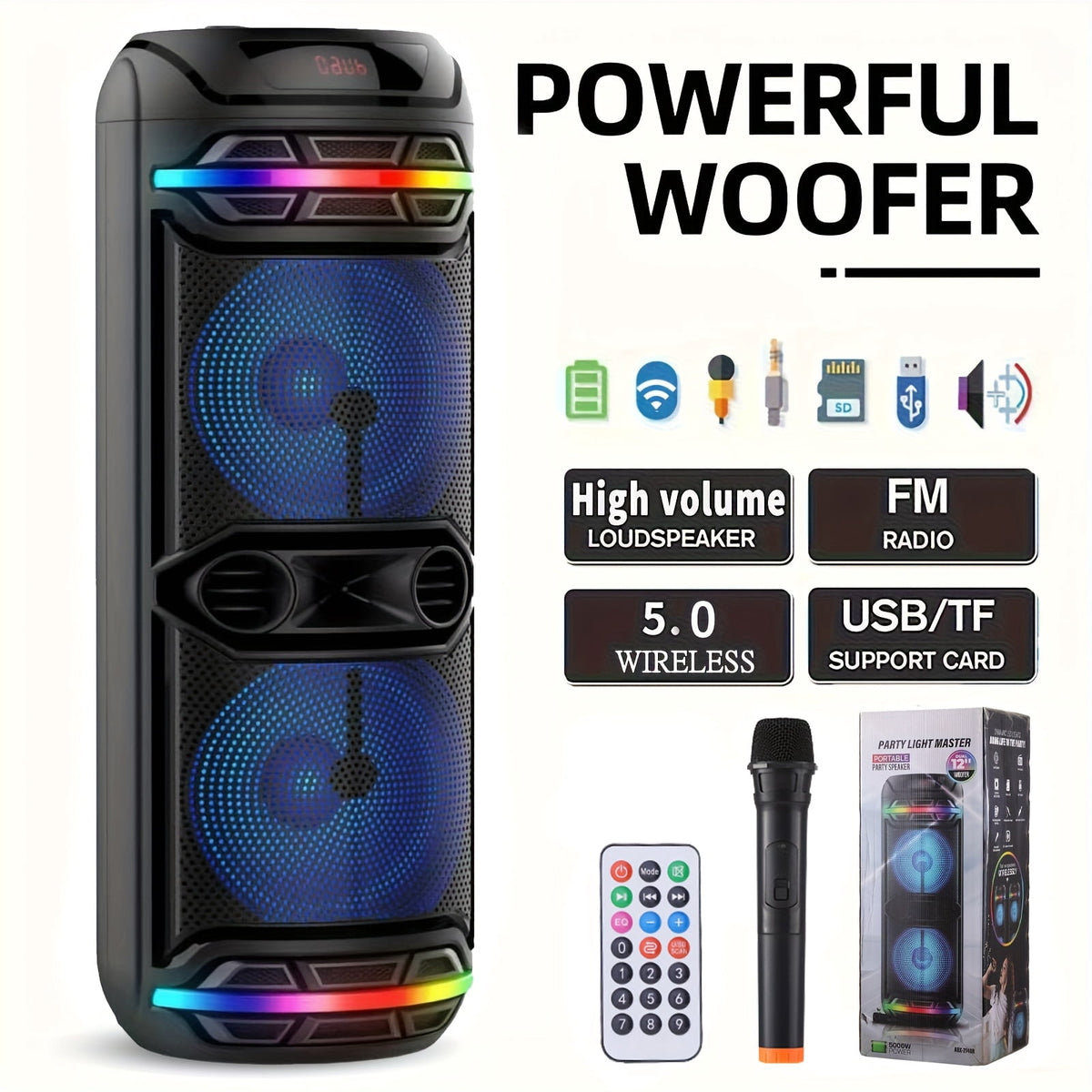 3000W Portable Speaker - Choose 6.5''/8''/10''/12'' Subwoofers - Heavy Bass w/LED Lights - 33ft Wireless Range - For Home/Party/Travel - FM Radio & Stereo Sound