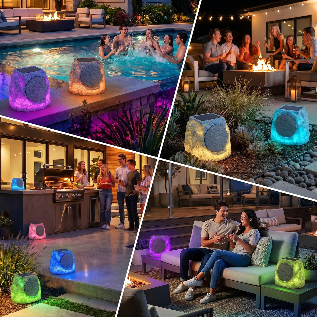 NiceBuy Outdoor Waterproof Solar Powered Bluetooth Rock Speakers with TWS Pairing and RGB Lights, 2 Pack