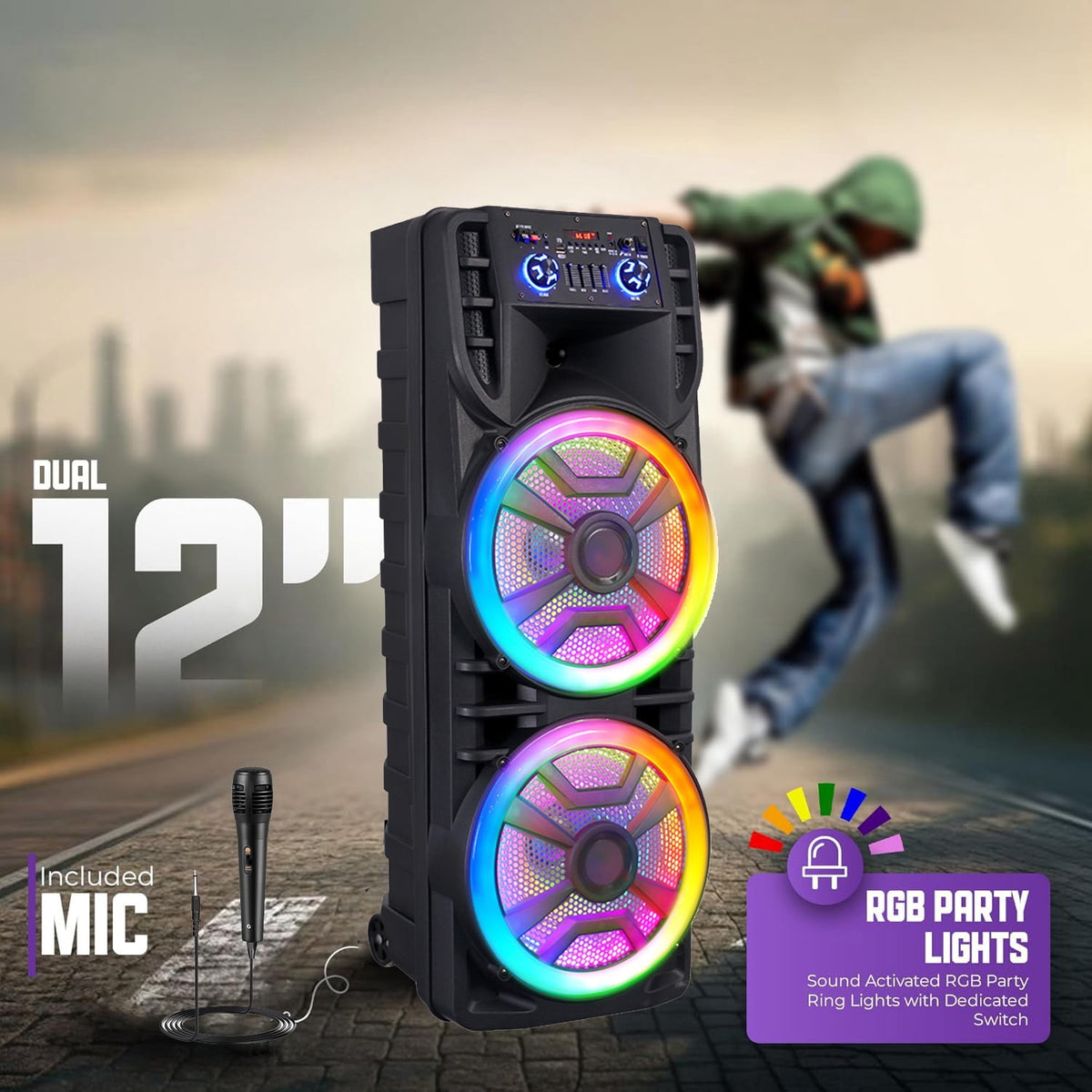 RIDWIND 5000W Peak Power Dual 10" Woofers Portable Party Speaker, Indoor & Outdoor Loud Heavy Bass Sound System with Microphone, RGB Lights, Remote Control, Support TWS/USB/FM, Rechargeable Battery