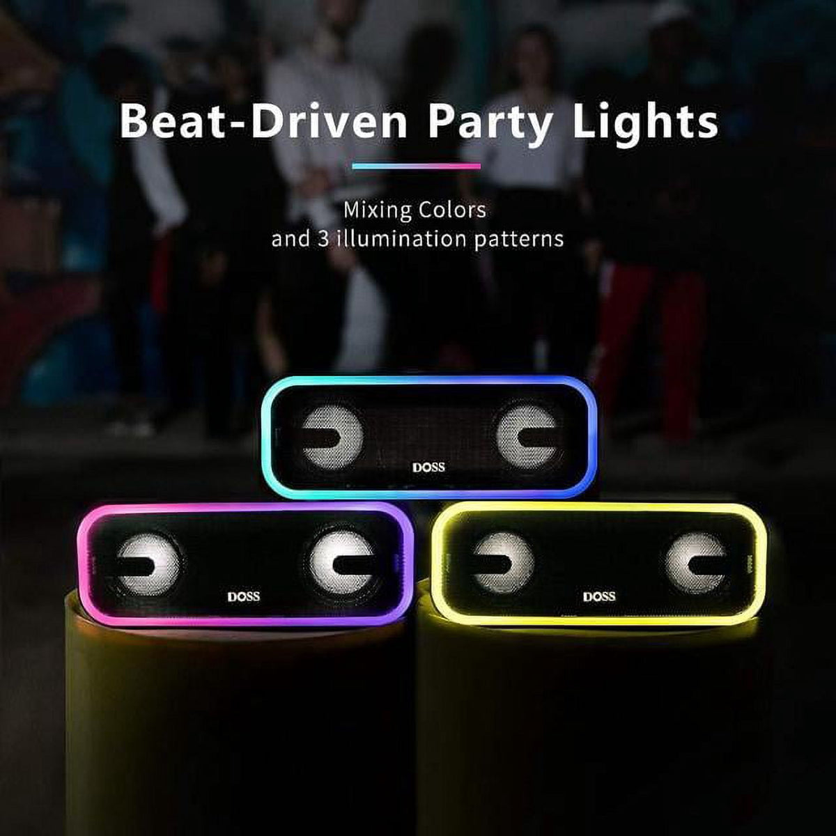 DOSS Wireless Bluetooth Speaker with 24W Impressive Sound, Booming Bass, IPX6 Waterproof, 15Hrs Playtime, Wireless Stereo Pairing, Mixed Colors Lights, 66 FT -Black