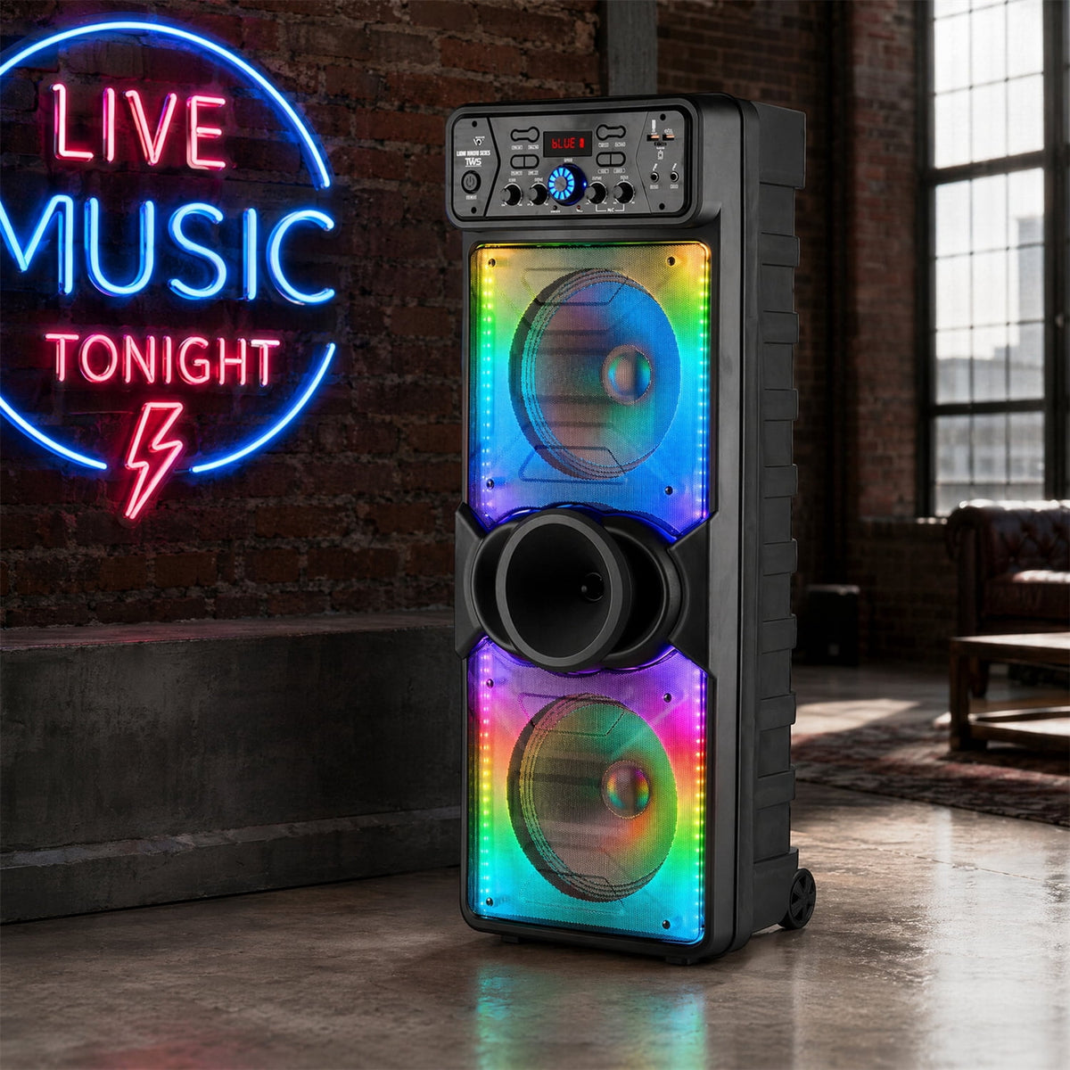 Dazone Dual 10" Bluetooth Speaker High Powered Rechagreable Wireless PA System Subwoofer Tweeter With AUX Microphone Karaoke LED Lights