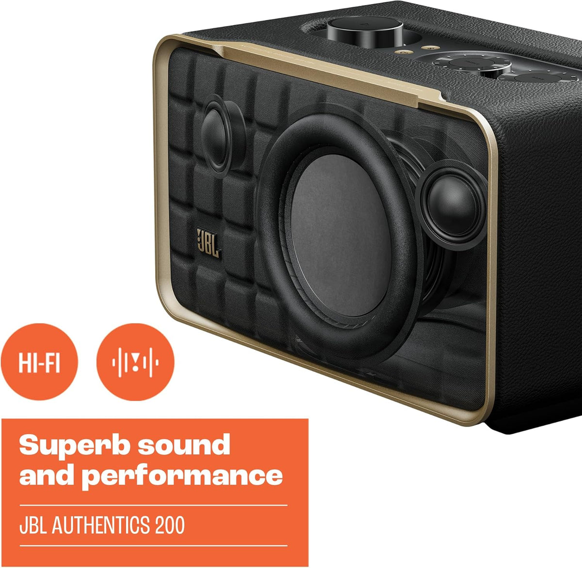 Open Box JBL Authentics 200 - Smart home speaker with Wi-Fi, Bluetooth and Voice Assistants with retro design - Black