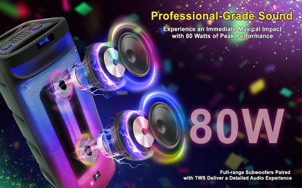 Fisher Portable Bluetooth Wireless Speaker System: Dual 10" Subwoofer 80W Peak Power Loud HD Deep Bass Sound|LED Lights|Rechargeable|Karaoke|Remote|TWS Pairing|USB Port|TF|AUX|FM Radio|2 MIC Input
