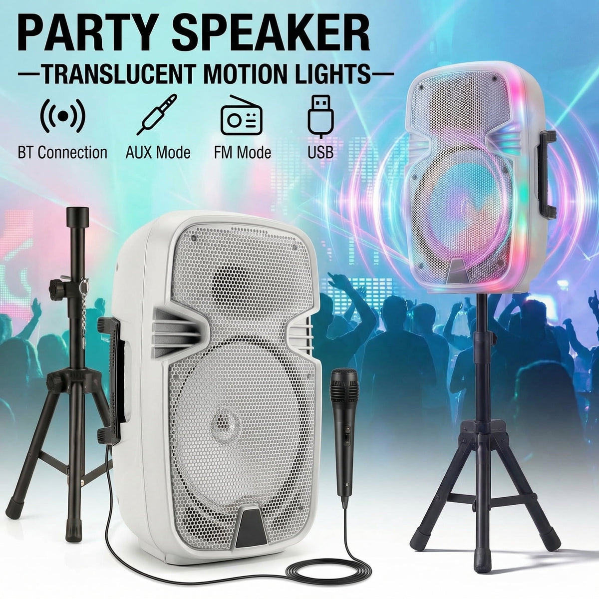 Portable BT Wireless Party Speaker with Translucent Light & Stand - Choose 8" (5 Colors) or 12", Includes Wired Mic, Remote, TWS, BT ConnectionUSB/TF/FM for Karaoke & Outdoor