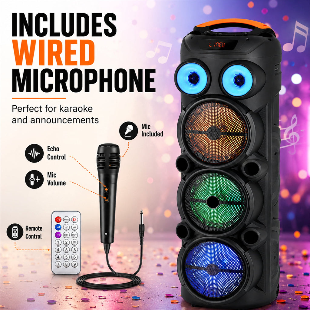 Lohoms Triple 8" Bluetooth Party Speaker, Portable Karaoke Machine & Outdoor PA Sound System with Powerful Stereo Sound, LED Lights, Wireless Mic, TWS Pairing, FM, USB, TF & AUX