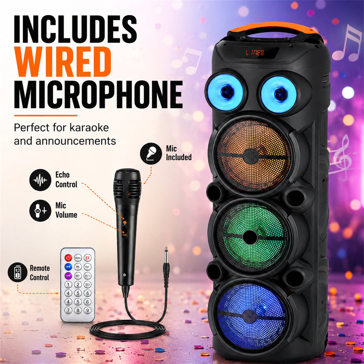Lohoms Triple 8" Bluetooth Party Speaker, Portable Karaoke Machine & Outdoor PA Sound System with Powerful Stereo Sound, LED Lights, Wireless Mic, TWS Pairing, FM, USB, TF & AUX