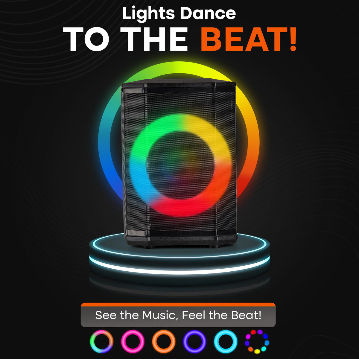 Pyle Portable Bluetooth Speaker with 8" Inch Woofer, TWS Function, Mic Input, USB/Micro SD/FM Radio, Colorful Ring Lights, 120W Rechargeable Battery, Tripod Stand, Hi-Fi Sound, Indoor/Outdoor Use