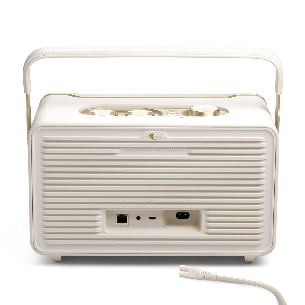 JBL Authentics 300 - Retro Style Wireless Bluetooth/WiFi Home Speaker, Built in Battery (4800mAh), Music Streaming Services via Built-in Wi-Fi, Built in Alexa and Google Assistant (White/Gold)
