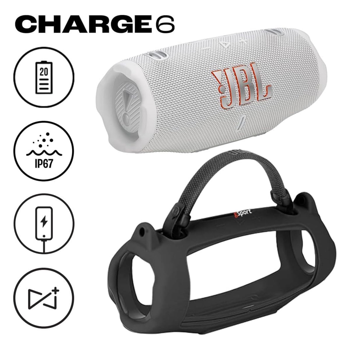 JBL Charge 6 Waterproof Portable Speaker Bundle with gSport Silicone Sleeve (Black)