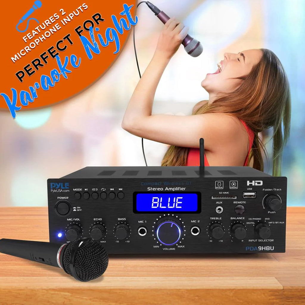 Pyle PDA9HBU 2-Channel Home Theater Bluetooth HiFI Audio Optical/HDMI/USB/SD FM Radio Receiver, 2x 4" 30 Watt 3-Way Water-Resistant Indoor/Outdoor Audio Speakers (White), 50 ft 16 Gauge Speaker Wire