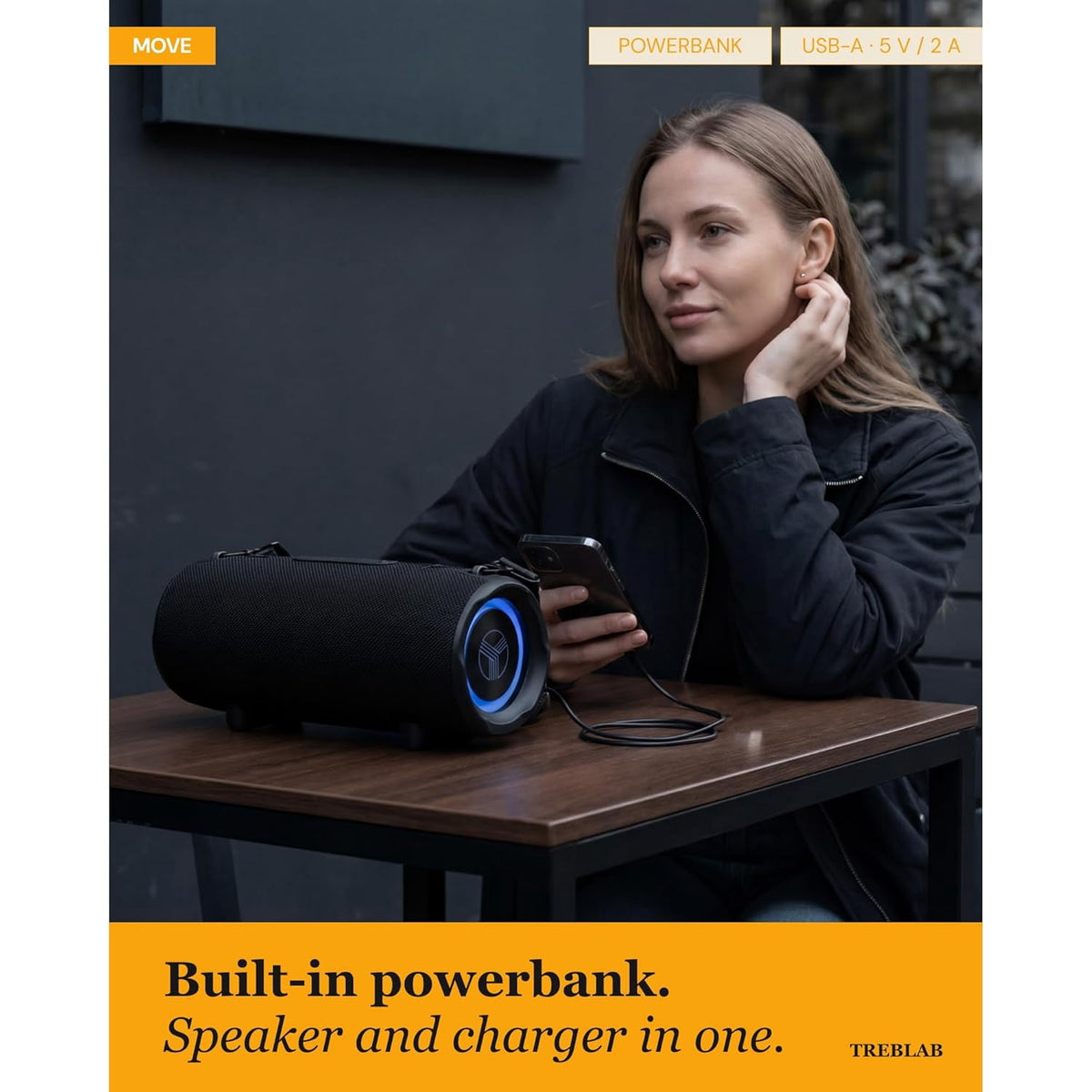 Treblab HD-Max Portable Bluetooth Speaker, 60W Loud Sound, IPX7 Waterproof, 20H Battery, Built-in Power Bank, Light Show