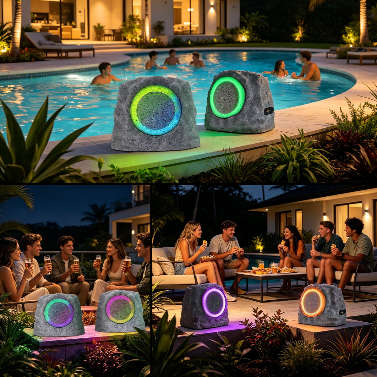 NiceBuy Outdoor Waterproof Solar Powered Bluetooth Rock Speakers with TWS Pairing and RGB Lights, 2 Pack