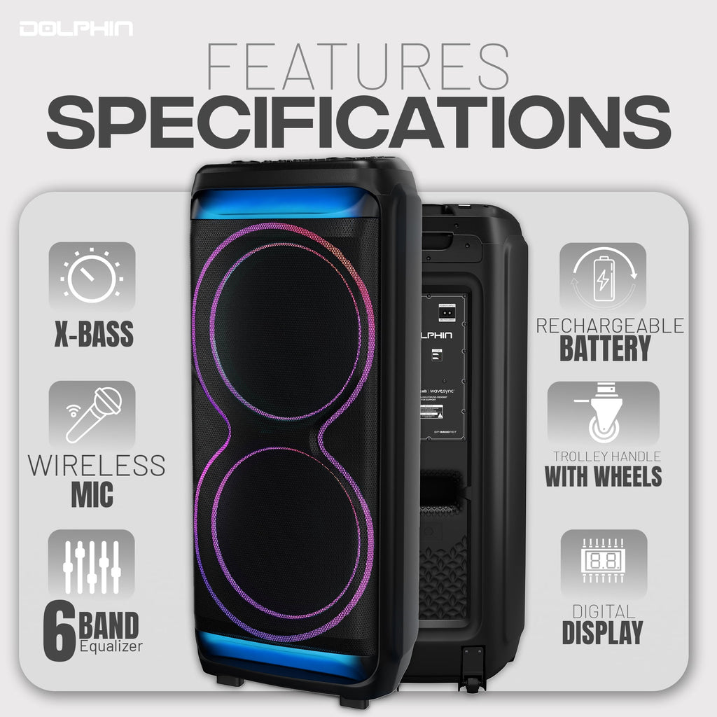 Dolphin SP-5500RBT High-Powered Bluetooth Speaker with X-BASS, Dual 15" Woofers, 100W RMS, TWS, LED Lights, Rechargeable Battery, Karaoke Mic, Ultra-Loud Party Speaker