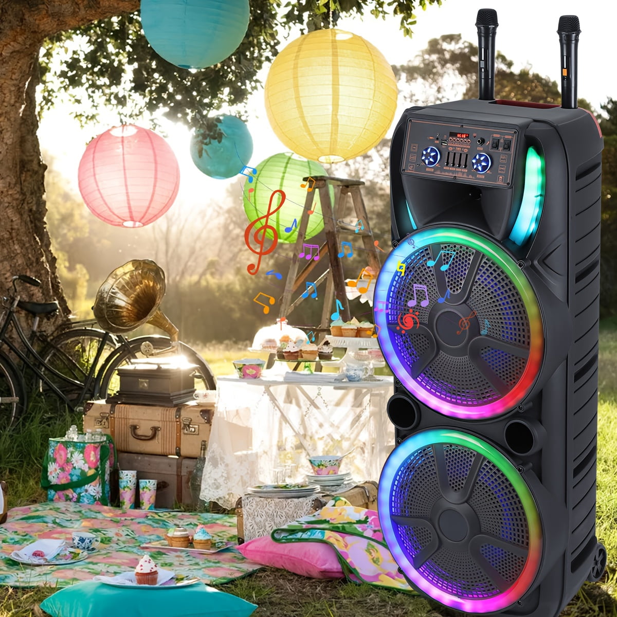 Lohoms Dual 15 inch Karaoke Speaker Party Speaker System W/ 2 Microphone Portable Party Box Loud Big Speaker Wireless Bluetooth Stereo Rechargeable Remote Control LED Lighting