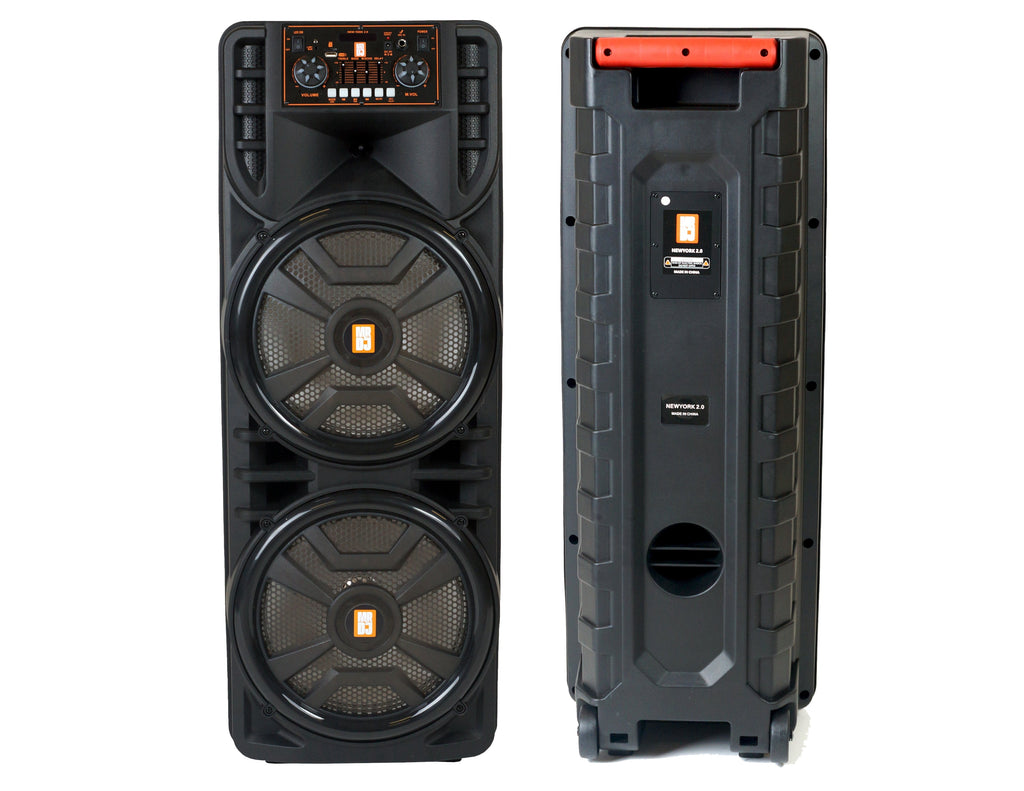 MR DJ NEWYORK 2.0 Dual 12" Rechargeable Portable Bluetooth Karaoke Speaker Party Flame Lights with 2 Wireless Microphone TWS USB FM Radio