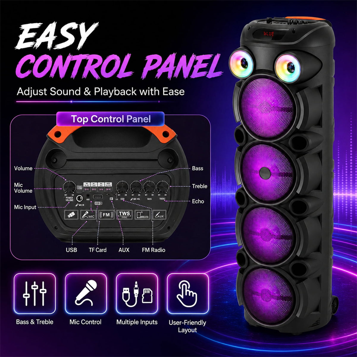Lohoms Triple 8" Bluetooth Party Speaker, Portable Karaoke Machine & Outdoor PA Sound System with Powerful Stereo Sound, LED Lights, Wireless Mic, TWS Pairing, FM, USB, TF & AUX