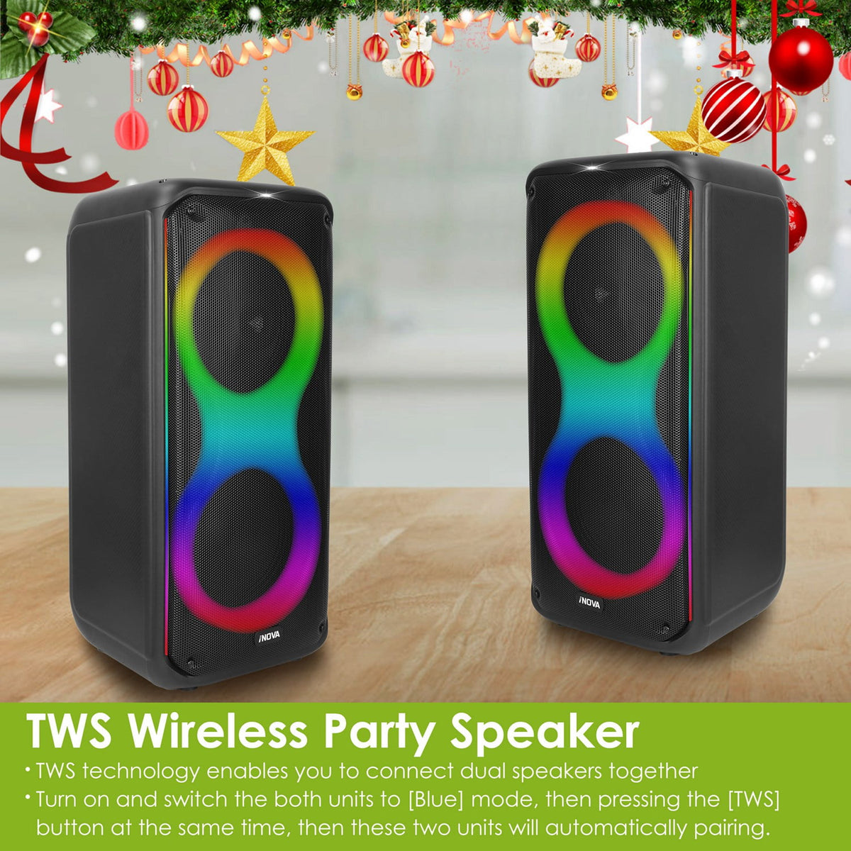 Moclever Portable Wireless Party Speaker with TWS Function FM Radio USB MMC Card Reading Aux In Recording Function Mic Priority, 7 Colorful Lights, Remote Control, Black