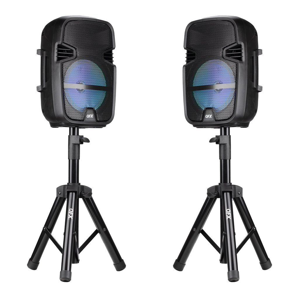 QFX PBX-808TWS Dual 8-Inch Portable Bluetooth PA Speaker System with Stands, Wired Mics, Remotes, USB/FM/TWS/LED