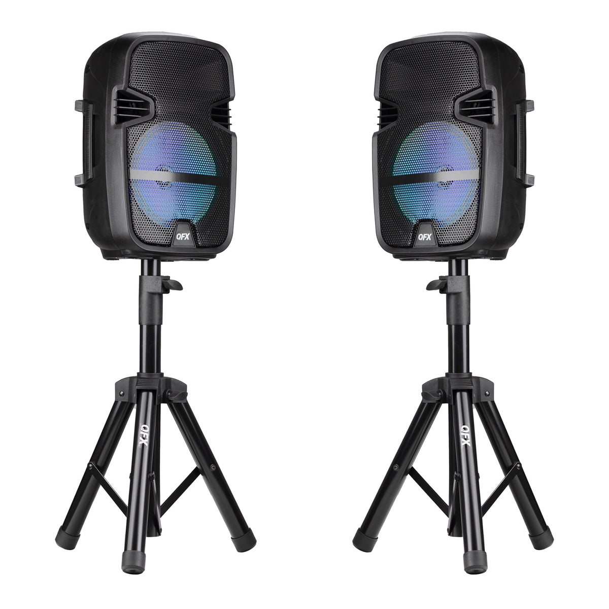 QFX PBX-808TWS Dual 8-Inch Portable Bluetooth PA Speaker System with Stands, Wired Mics, Remotes, USB/FM/TWS/LED